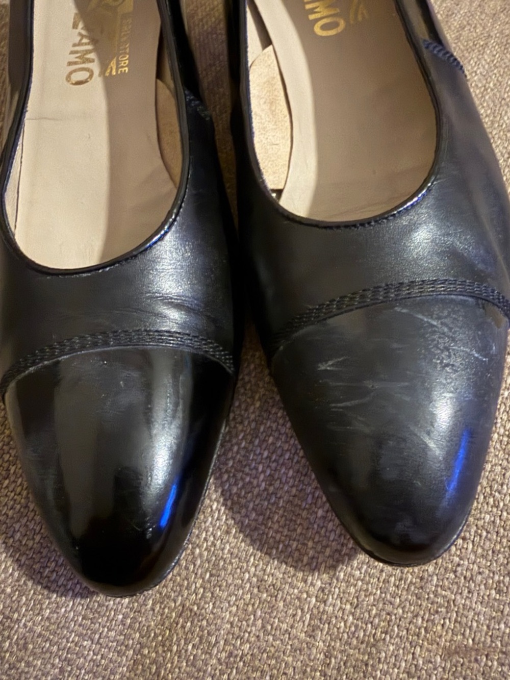 Salvatore Ferragamo Black Leather Pointed-Toe Pumps with Gloss Cap - Picture 5 of 8